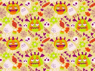 Halloween cute pumpkins seamless monsters pattern for wrapping paper and fabric