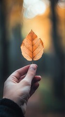 A hand holding a dry, brownish-orange leaf against a blurred background. The focus is on the leaf, which has visible veins and an exfoliated texture, indicating the change of season to autumn. The bac