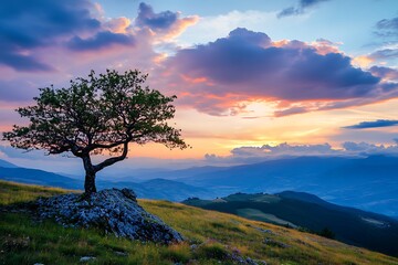 Obraz premium Scenic Sunset Over Mountain Landscape With Lone Tree Silhouetted