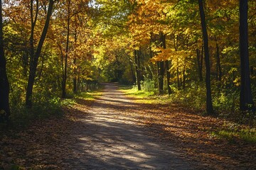 Naklejka premium Sunlight shining through trees in an autumn forest with a path leading through the woods