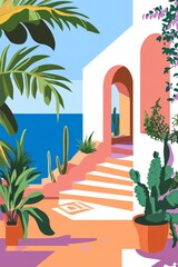 poster illustration, modern retro style, majolicas, simple vibrant colours, Mediterranean vibe, 70s style, 60s style, Mycenaean art