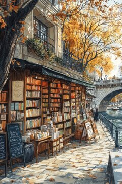 poster illustration of a bookshop along the Seine in Paris