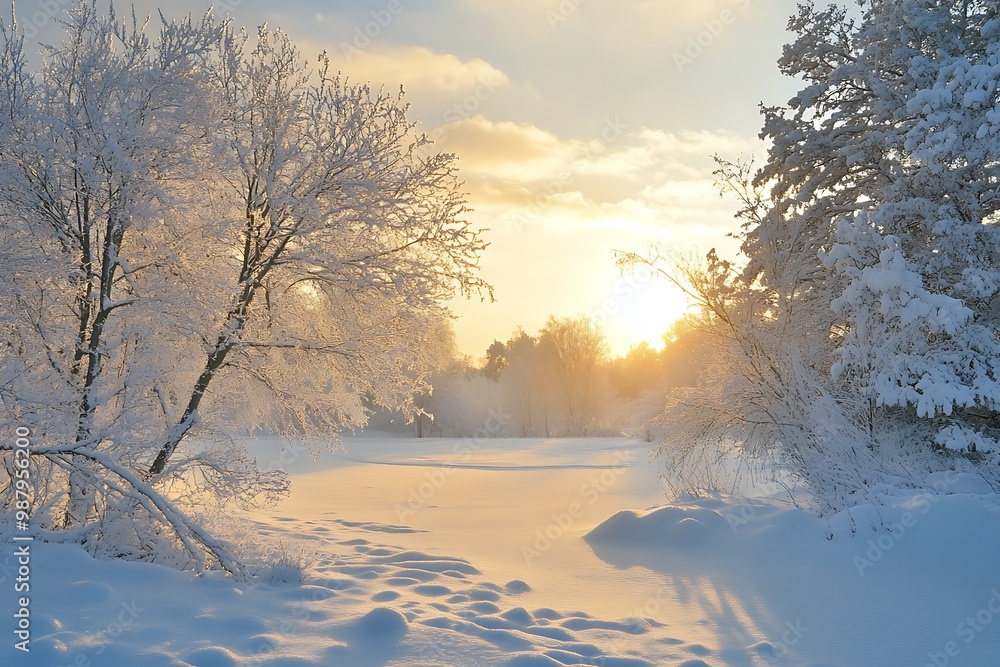 Wall mural Snowy winter landscape with sun shining through trees