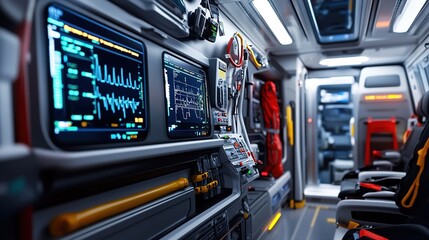 A high-resolution image of advanced patient monitoring technology inside an ambulance, displaying real-time vital signs on digital screens.