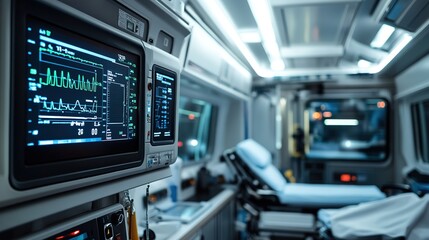 A high-resolution image of advanced patient monitoring technology inside an ambulance, displaying real-time vital signs on digital screens.