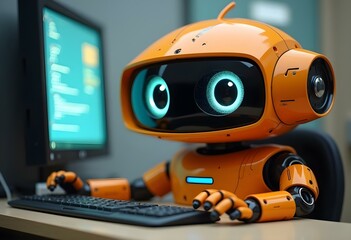 An orange robot with large expressive eyes and a friendly expression, sitting at a computer and working on a task