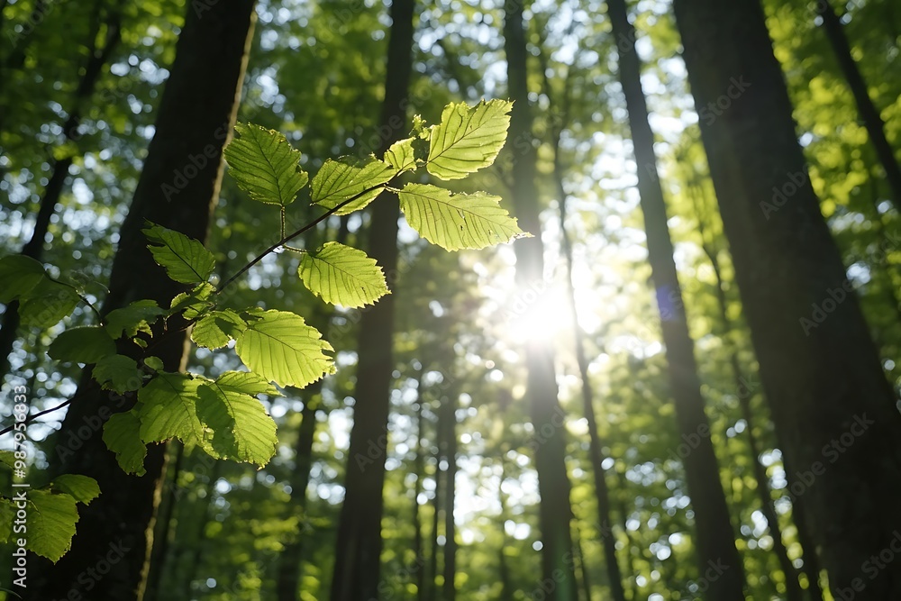 Sticker Sunlight through green leaves in a dense forest.  Sunlight through green leaves in a dense forest.