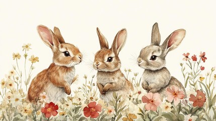 Fototapeta premium Charming watercolor illustration of three rabbits surrounded by colorful flowers in a serene garden setting.