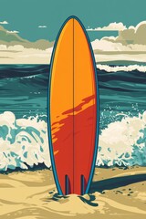 Simple shape poster illustration of a surfboard standing in the sand with the ocean behind a closeup of a brightly colored surfboard planted in the sand with waves crashing 