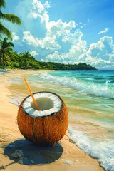 Simple vector art poster illustration of a coconut drink with a straw on a sandy beach 