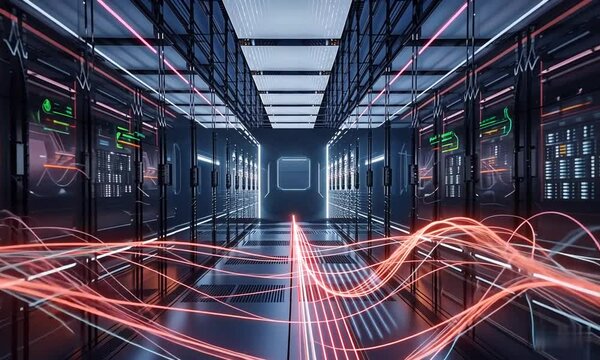 Networks and data servers route digital information through glass-walled server rooms in data centers or ISPs.