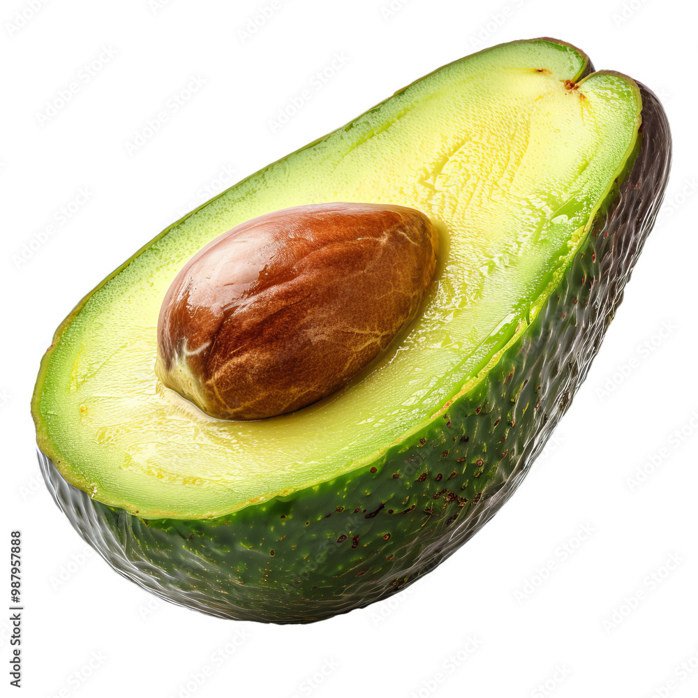 Poster fresh ripe avocado cut in half with the seed still inside is standing up on a white background