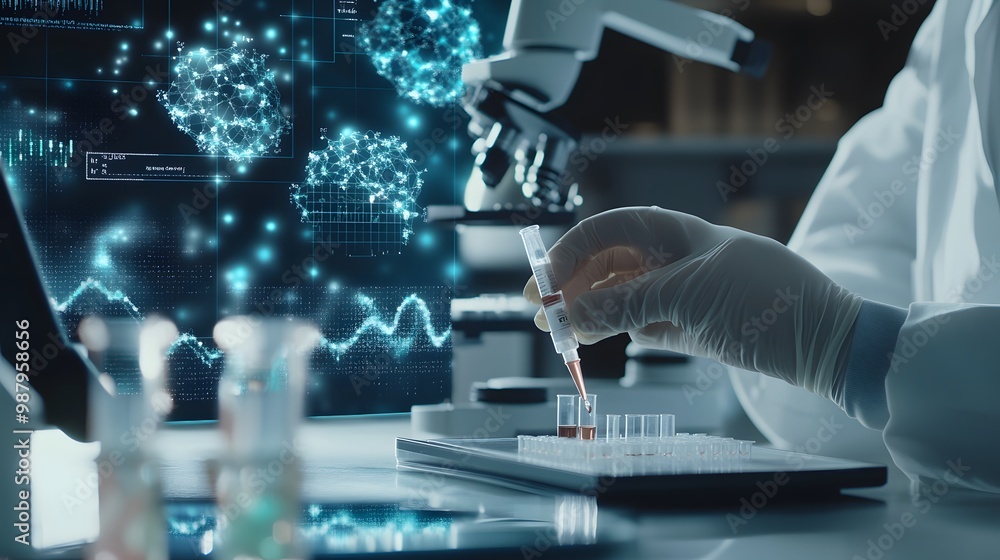Poster scientist using a pipette to transfer liquid into test tubes in a laboratory setting