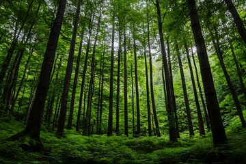 Sunlight through the canopy of trees in a lush green forest