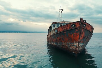 Naklejka premium Rusty old boat abandoned in the sea. A moody and dramatic maritime scene