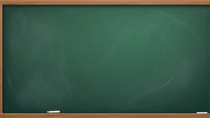 Empty green chalkboard with three pieces of chalk on a wooden ledge ready for educational or office use