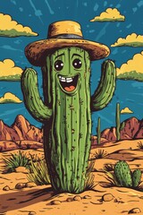 vector retro illustration, desert, cactus cowboy in the center with a funny face and a hat