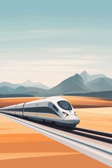 Obraz premium Minimalist poster illustration of a train journey through a vast plain with distant mountains or forests in the background
