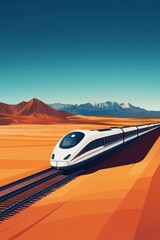 Obraz premium Minimalist poster illustration of a train journey through a vast plain with distant mountains or forests in the background