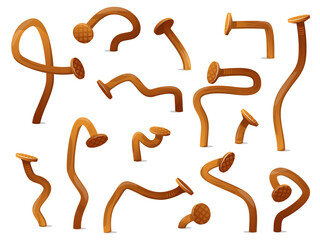 Rusty bent nails and heads. Cartoon old metal hobnails. Bonding spikes. Driven in wall curved objects. Industrial tools. Repair hardware. Broken fasteners. Carpentry elements vector set