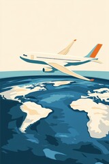 Naklejka premium Minimalist poster illustration of an airplane flying over distant lands 