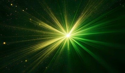 Fototapeta premium Asymmetric burst of green rays of light on a dark green background with green, yellow and gold sparkles