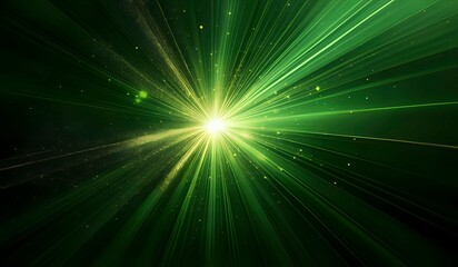 Obraz premium Asymmetric burst of green rays of light on a dark green background with green, yellow and gold sparkles