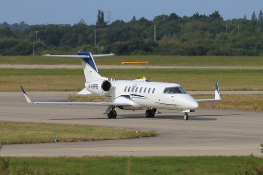 M-ABRB, Bombardier Learjet 45, operated by Ryanair to transport crew and staff , arriving at London Stansted Airport, Essex, UK
