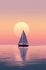 Fototapeta premium Minimalist poster of a lone sailboat with a large simple sail gliding over a flat calm ocean the scene features a soft gradient sunset 