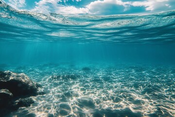 Sunlight beams through turquoise water to illuminate a rocky ocean floor
