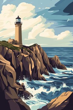 Poster illustration of the rugged cliffs and dramatic seascape of the pointe du raz in brittany with a lone lighthouse standing sentinel