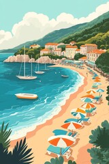 Poster illustration of a serene beach in the french riviera with turquoise waters gently lapping against a sandy beach