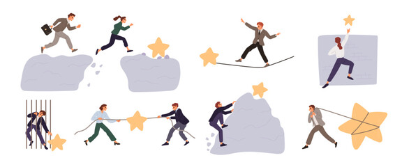 People achieve their goals. Men and women overcoming obstacles. Businessman jumping over precipices. Employee climbing over walls. Entrepreneur conquering career peaks. Garish vector set