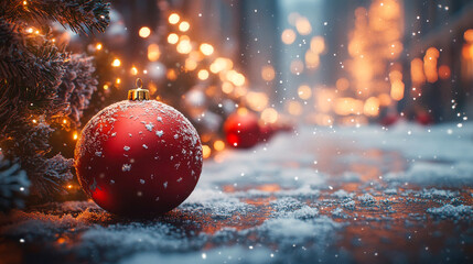A close-up of a glittering red Christmas bauble on a tree, glowing with soft, warm lights. A classic festive holiday decoration