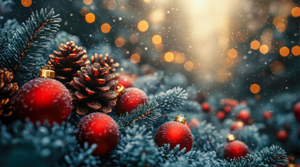 Festive pine cones and red baubles nestled in snow-covered branches, illuminated by warm, golden Christmas lights