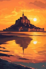 Poster illustration of a sunset over the bay of mont saint michel rising from the tidal flats bathed in the warm hues of a setting sun
