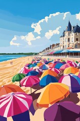 Poster illustration of the beach of deauville with its colorful parasols neatly arranged in rows