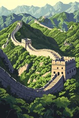 Poster illustration of the great wall of china snaking its way over rugged mountain ridges surrounded by dense greenery 