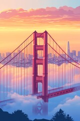 Obraz premium Poster illustration of the iconic golden gate bridge in san Francisco emerging from the fog at sunrise with the city skyline faintly visible in the background
