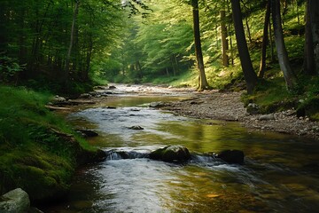 Obraz premium Tranquil Stream Flowing Through Lush Green Forest