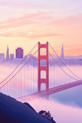 Fototapeta premium Poster illustration of the iconic golden gate bridge in san Francisco emerging from the fog at sunrise with the city skyline faintly visible in the background