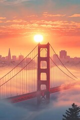 Fototapeta premium Poster illustration of the iconic golden gate bridge in san Francisco emerging from the fog at sunrise with the city skyline faintly visible in the background