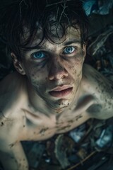 Fototapeta premium A tired man gazes upward from among debris and dirt