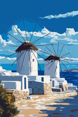 Poster illustration of the iconic windmills of mykonos greece standing against a bright blue sky on the island of mykonos with the aegean sea sparkling