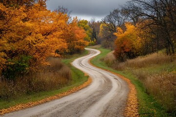 Winding country road with autumn foliage,  fall colors, scenic nature, autumnal landscape