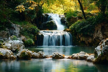 Tranquil Waterfall in Lush Green Forest. Serenity, Nature, Tranquility, Relaxation