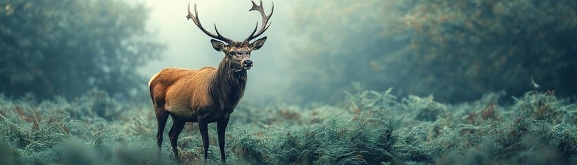 Fototapeta premium A majestic deer stands gracefully in a serene forest, surrounded by lush greenery and soft, diffused light.