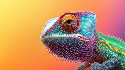 Gardinen Close-up of a vibrant chameleon with colorful scales against a bright gradient background. © umut hasanoglu