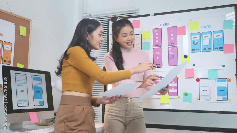 Aufkleber two asian uiux designers engage in a discussion about a mobile app interface, analyzing ideas and st