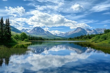 Mountain lake reflection with cloudy sky